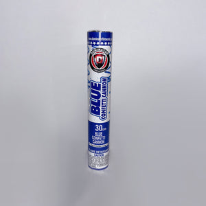 Blue confetti cannon against white background