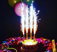 Colorful Cake Sparklers illuminating a birthday cake with vibrant sparks.