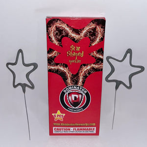 red box and two star sparklers with gray metal handle against white background